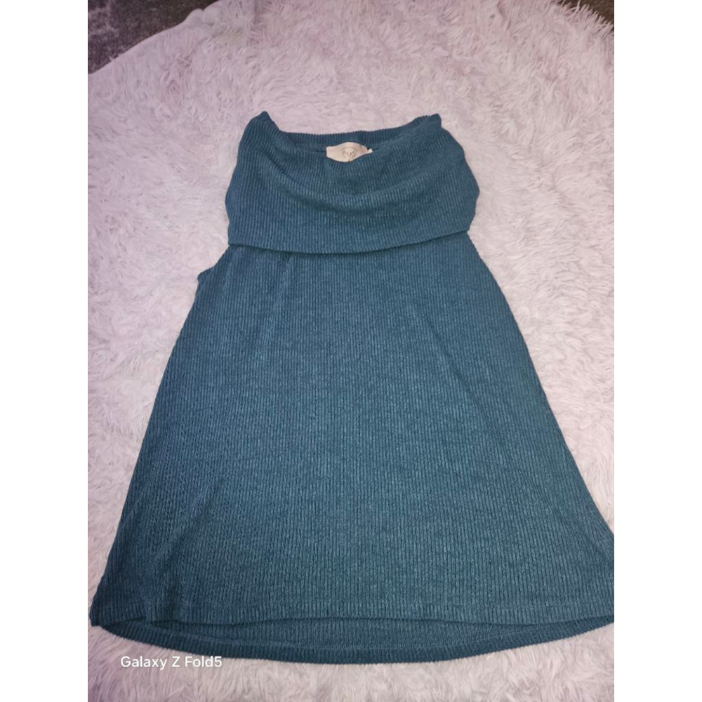 Women's Anthropologie Teal Ribbed Cowl Neck Mini Dress Size L